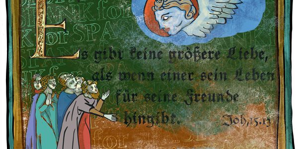 Ein Gemälde, wie eine alte Tafel einem Zitat aus der Bibel und Personen, die zu einem Engel bzw. dem verstorbenen Jesus sprechen.