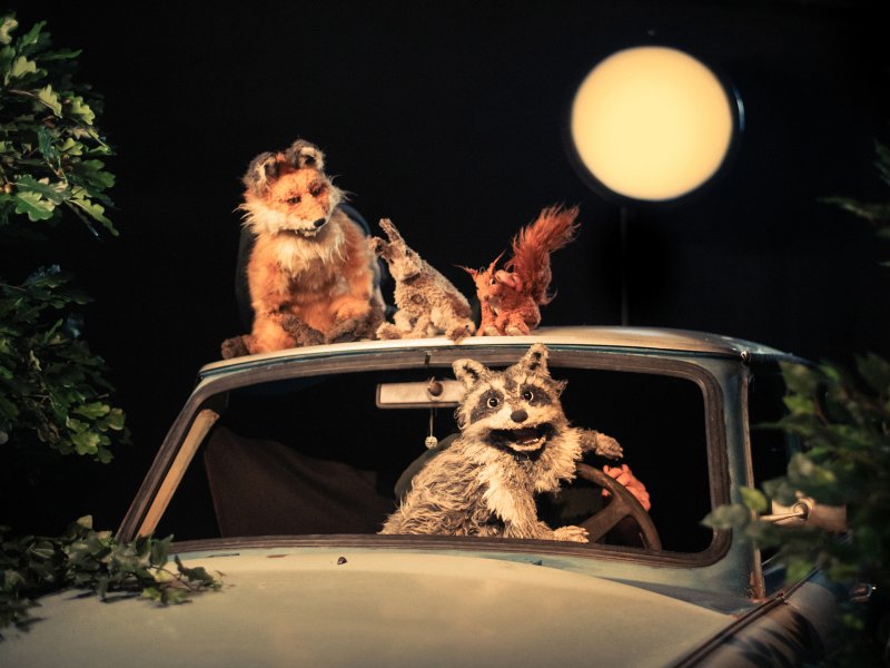Tierpuppen sitzen auf einem Auto, umgeben von Pflanzen. Ein Fuchs, ein Eichhörnchen. ein Waschbär und ein Hase sind sichtbar, bei Nacht mit einem Mond oben im Hintergrund. Der Waschbär klammert sich am Steuer des Autos fest.