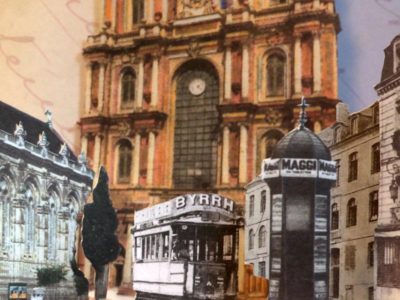 Kombination historischer Gebäude und Straßenbahnen in einer Collage. Zentraler Fokus auf einem großen Uhrenturm und einem historischen Straßenbahnwagen.