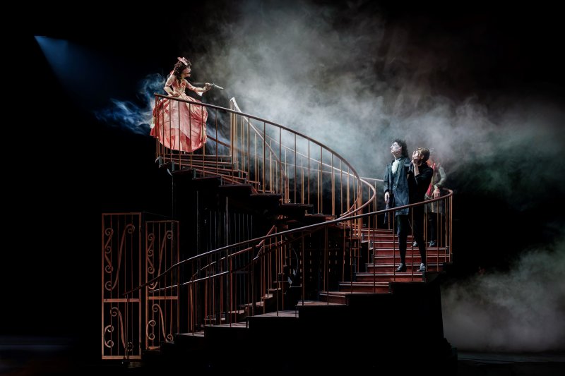 Theateraufführung mit einer dramatischen Treppe. Mehrere Personen stehen oben, während ein Puppenspieler und eine Puppe unten stehen. Nebel und Lichtakzente verstärken die Atmosphäre.