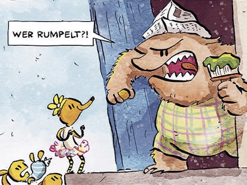 Ein wütender Bär mit einem Farbpinsel in der Hand steht an einer Tür und schreit: 