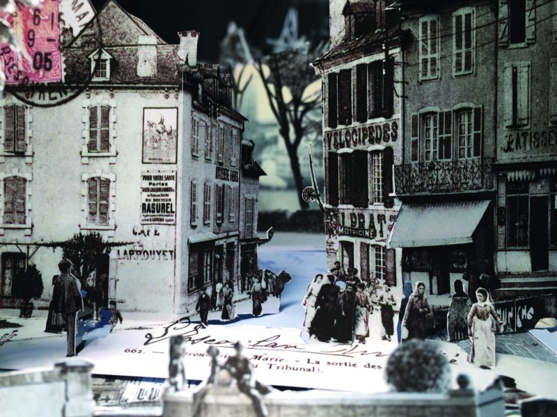 Collage mit historischem Stadtbild, zeigt schmale Straßen mit Gebäuden im Altstadtstil und Figuren im Vordergrund.